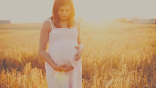 Mulher muito grávida está andando durante o pôr do sol — Vídeo de Stock