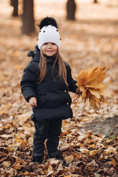 Menina adorável com um monte de folhas outonais. — Fotografia de Stock