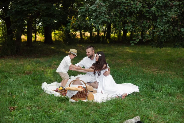 かわいい息子とピクニックを屋外で持っている幸せな家族 — ストック写真