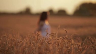 Huzurlu, narin bayan tarlada yavaşça yürüyor.