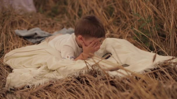 Un niño pequeño y hermoso yace en un cobertizo en el campo y disfruta de su vida — Vídeo de stock