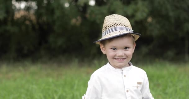Портрет красивого мальчика, смеющегося и веселящегося в парке — стоковое видео
