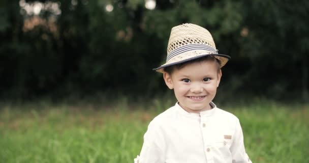 Porträtt av en vacker liten pojke som skrattar och har roligt i parken — Stockvideo