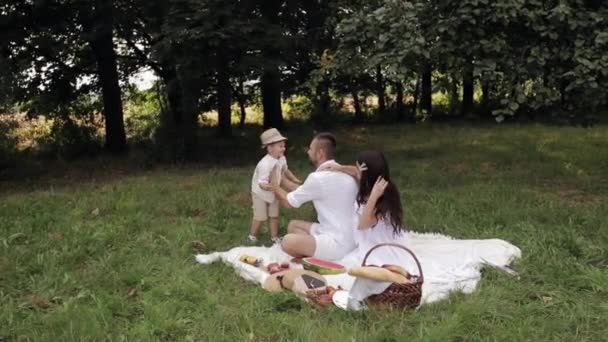 Man lifting his happy man-child high into the air — Stock Video