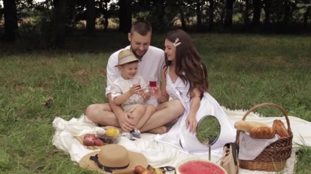 Мама, тато і їхній син на пікніку в парку влітку. — стокове відео