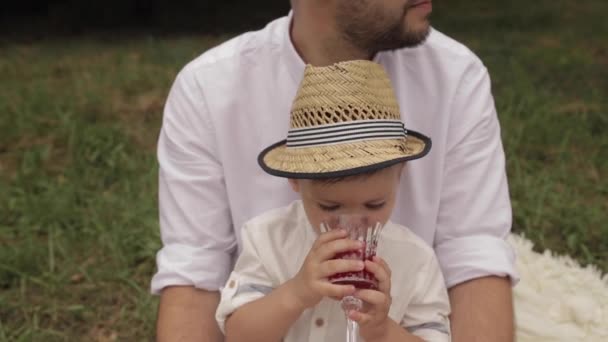Маленький ребенок пьет сок из стакана на пикнике с родителями в парке — стоковое видео