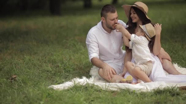 Familia de tres teniendo un picnic en el glade — Vídeos de Stock