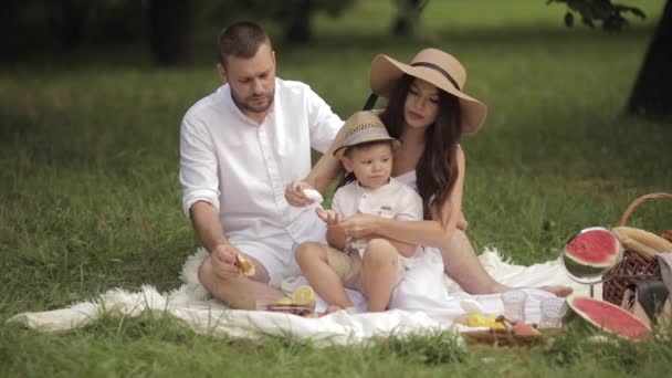Rodzice i ich syn jedzą pieczywo na pikniku. — Wideo stockowe