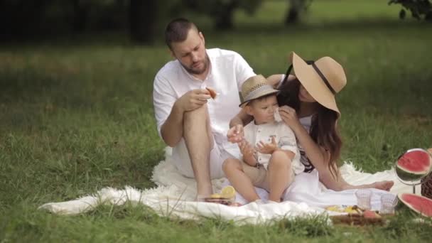 Padres y su hijo comiendo panadería en el picnic. — Vídeos de Stock