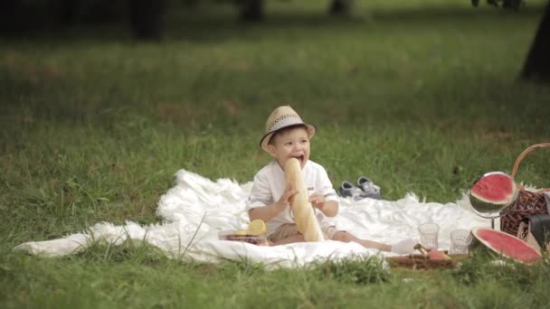 Anak laki-laki makan baguette di padang rumput — Stok Video