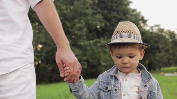 快乐的男孩儿牵着他父亲的手 — 图库视频影像