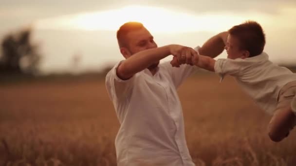 Feliz padre retorciendo niño en el prado. — Vídeo de stock