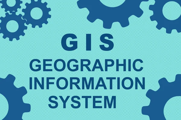GIS (GEOGRAPHIC INFORMATION SYSTEM) sign concept illustration with blue gear wheel figures on pale blue background