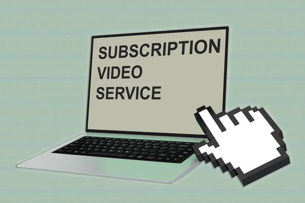 3D illustration of SUBSCRIPTION VIDEO SERVICE script with pointing hand icon pointing at the laptop screen