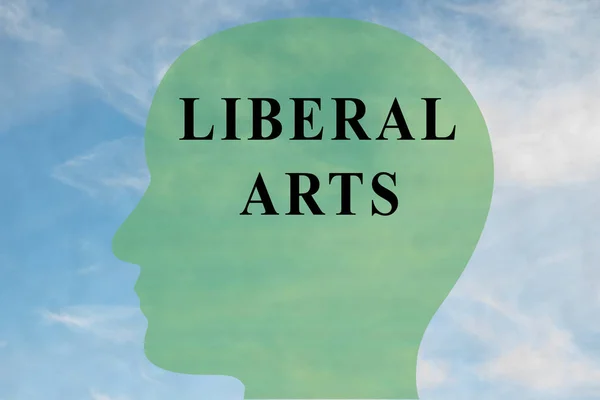 Render illustration of LIBERAL ARTS title on head silhouette, with cloudy sky as a background.