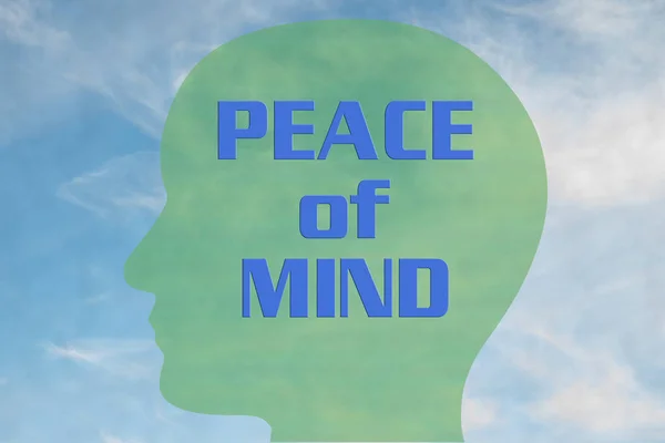 Render illustration of PEACE OF MIND title on head silhouette, with cloudy sky as a background.