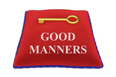 3D illustration of GOOD MANNERS Title on red velvet pillow near a golden key, isolated on white. clipart
