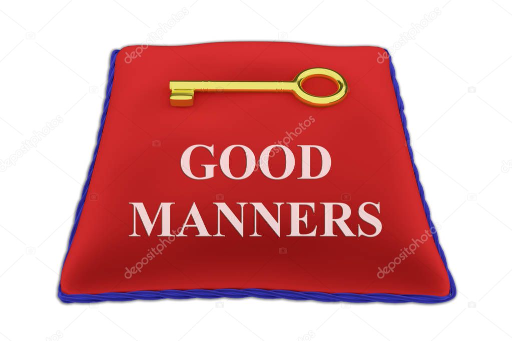 3D illustration of GOOD MANNERS Title on red velvet pillow near a golden key, isolated on white.