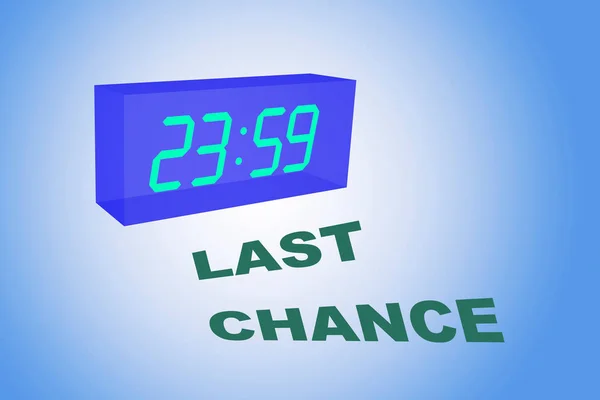 3D illustration of LAST CHANCE title below a clock with pale blue gradient as a background