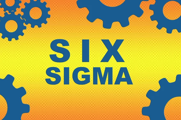 SIX SIGMA sign concept illustration with blue gear wheel figures on orange gradient background
