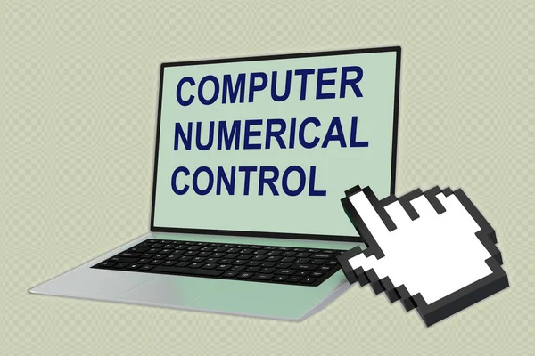 用手形图标指着笔记本电脑屏幕的计算机数字控制脚本插图 — 图库照片