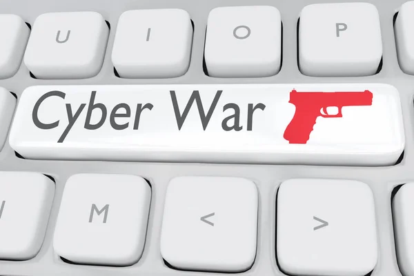 Illustration Computerens Tastatur Med Scriptet Cyber War Rød Pistol Hvid - Stock-foto