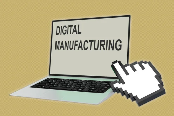 3D illustration of DIGITAL MANUFACTURING script with hand icon pointing at the laptop screen
