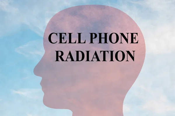 頭のシルエットは 曇り空の背景としての携帯電話の放射線タイトルのイラストを表示します — ストック写真