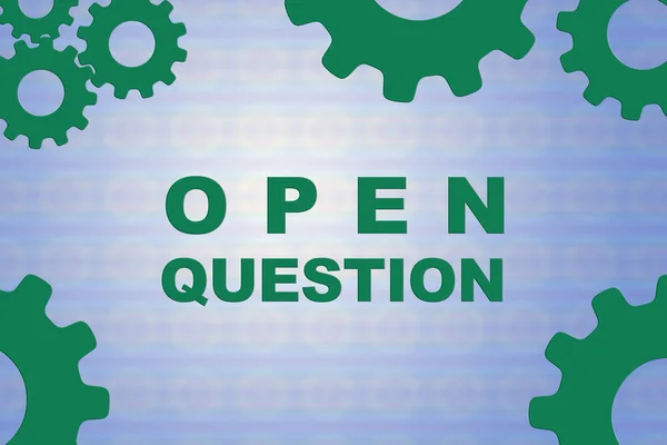 OPEN QUESTION concept sign concept illustration with green gear wheel figures on pale blue background