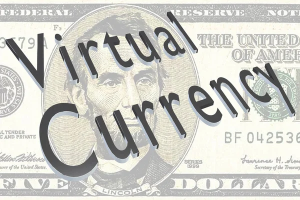 3D illustration of Virtual Currency title on Five Dollars bill as a background