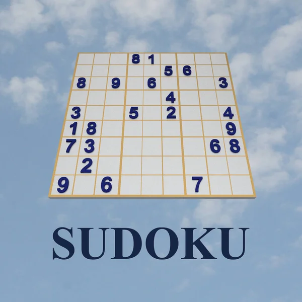 部分的に満たされた Soduko グリッドで 背景として曇り空と灰色の数字によって形成された数独タイトルの イラストレーション — ストック写真