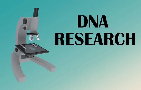 3D illustration of a microscope with DNA RESEARCH title, isolated on pale blue gradient.