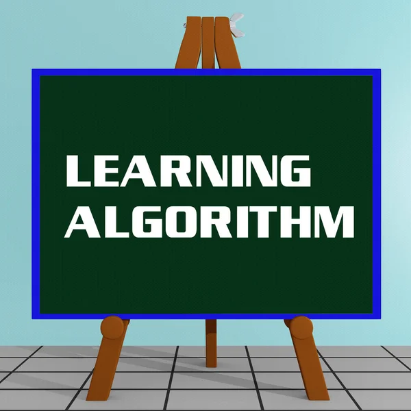 3D illustration of LEARNING ALGORITHM title on a tripod display board