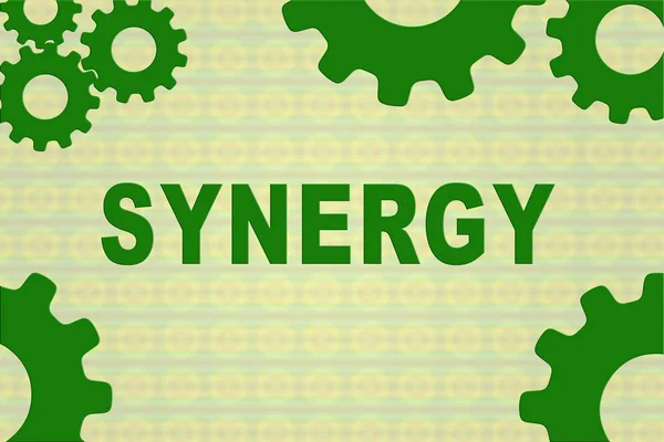 Synergie Teken Concept Illustratie Met Groene Gear Wheel Cijfers Gele — Stockfoto