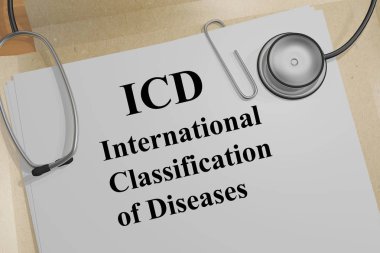 ICD Uluslararası hastalık sınıflandırması başlık tıbbi bir belge üzerinde 3D çizimi