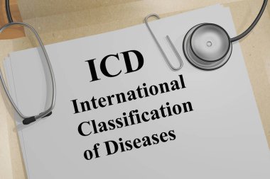 3D illustration of ICD International Classification of Diseases title on a medical document clipart