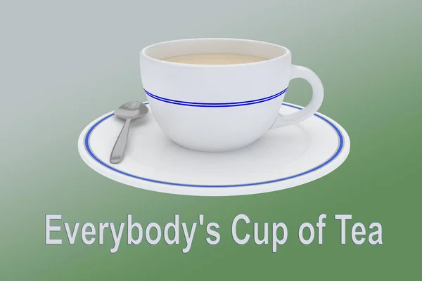 みんなの一杯のお茶のスクリプトの イラストレーションが緑のグラデーションの背景にカップとスプーン プレートを怒鳴る — ストック写真