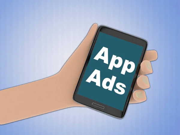 3D illustration of App Ads on the screen of a cellulr phone held by hand, isolated on pale blue gradient.