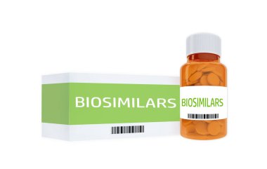 beyaz izole Biosimilars başlık hap şişesini, 3D çizimi.