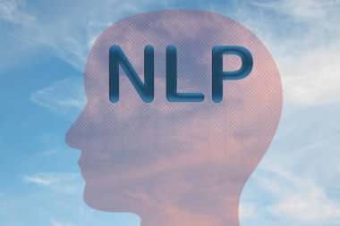 Render illustration of NLP title on head silhouette, with cloudy sky as a background. clipart