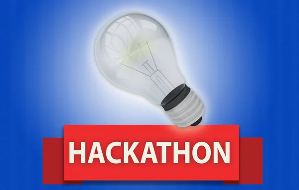 Красочная Концепция Hackathon Красным Текстовым Баннером Трехмерной Домашней Лампочкой Изолированной — стоковое фото