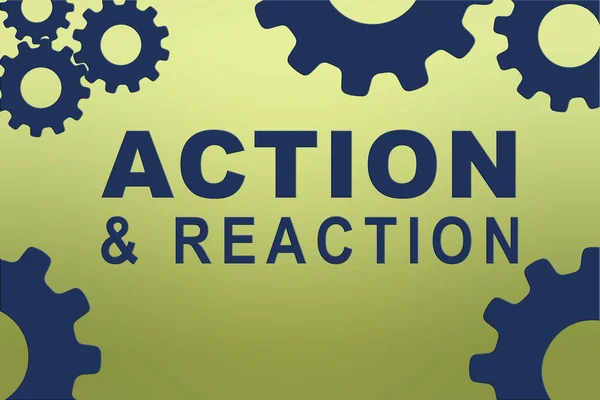 ACTION & REACTION sign concept illustration with blue gear wheel figures on pale green gradient as background