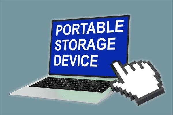 3D illustration of PORTABLE STORAGE DEVICE script with pointing hand icon pointing at the laptop screen