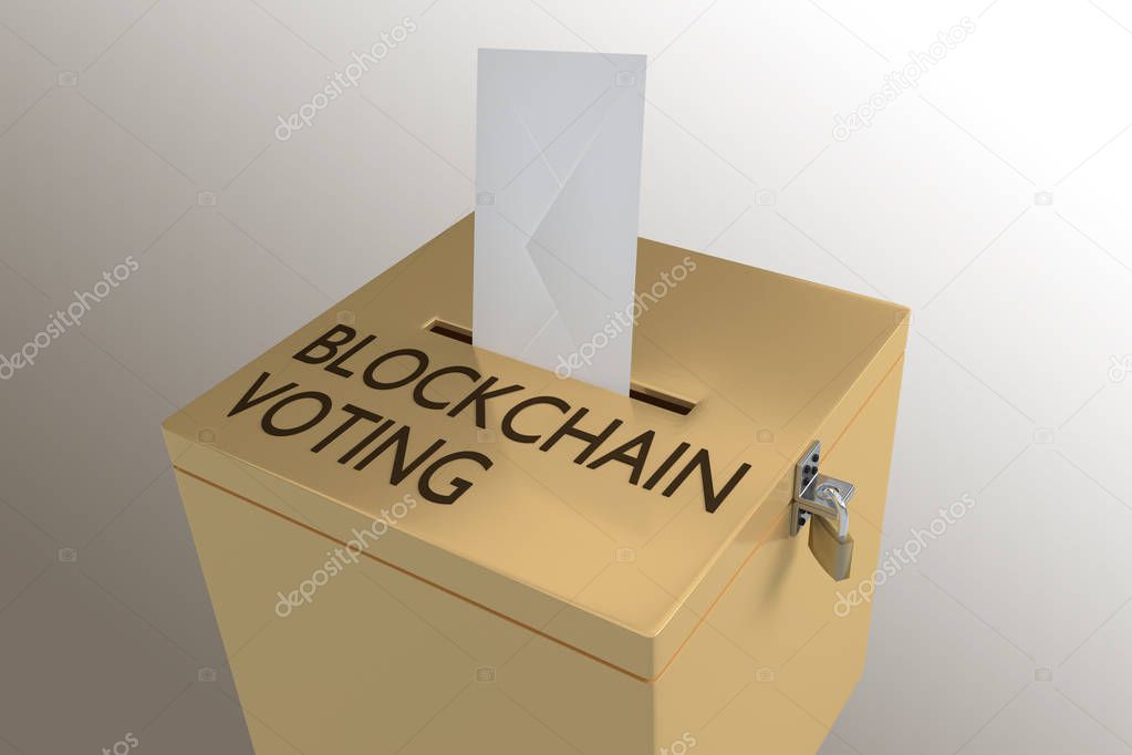3D illustration of BLOCKCHAIN VOTING script on a ballot box, and an voting envelope been inserted into the ballot box, isolated over a colored gradient.