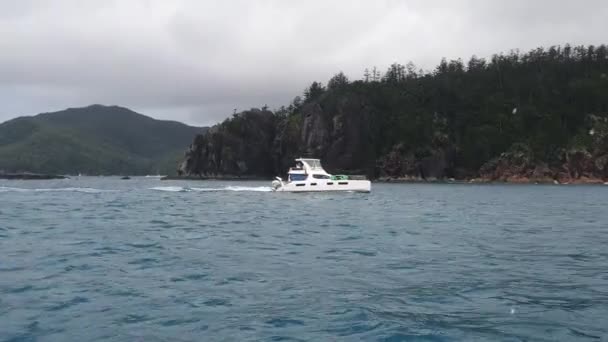 Small yacht on the water of Hamilton Island shot shot — Stock Video