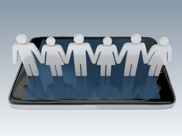 3D illustration of men and women silhouettes on the screen of a cellulr phone, isolated over blue gradient.