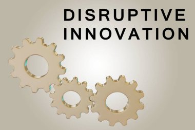 DISRUPTIVE İSTİHTİM metninin üç boyutlu çizimi, kahverengi gradyan üzerinde izole edilmiş üç meşgul vites ile birlikte..
