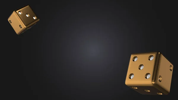 Golden dice fly on abstract dark space animation. Luck concept. 3d render illustration.
