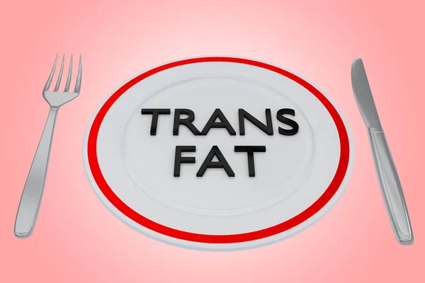 3D illustration of TRANS FAT title on a pale green plate, along with silver knif and fork, isolated over red gradient.