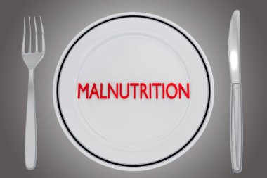 Gri bir gradyan üzerinde gümüş çatal ve çatal ile birlikte beyaz bir plaka üzerinde MALNUTRITION başlığının üç boyutlu illüstrasyonu.